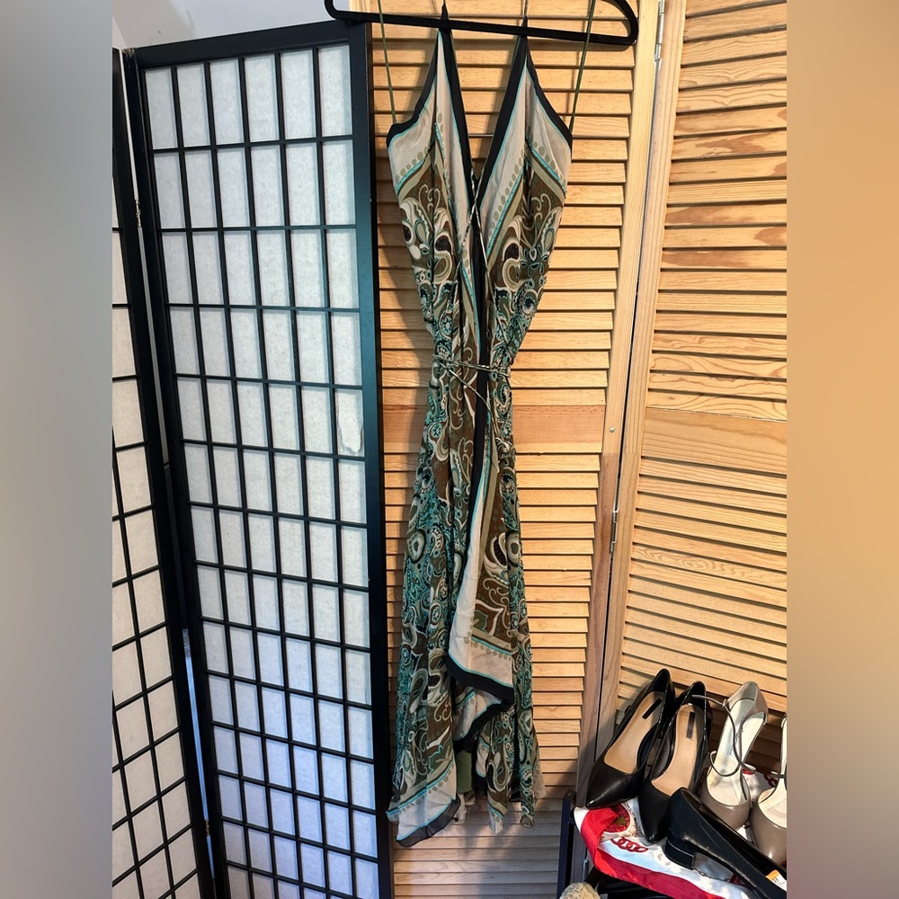 Nicole Miller Beaded Paisley Scarf Dress in Green and Cream